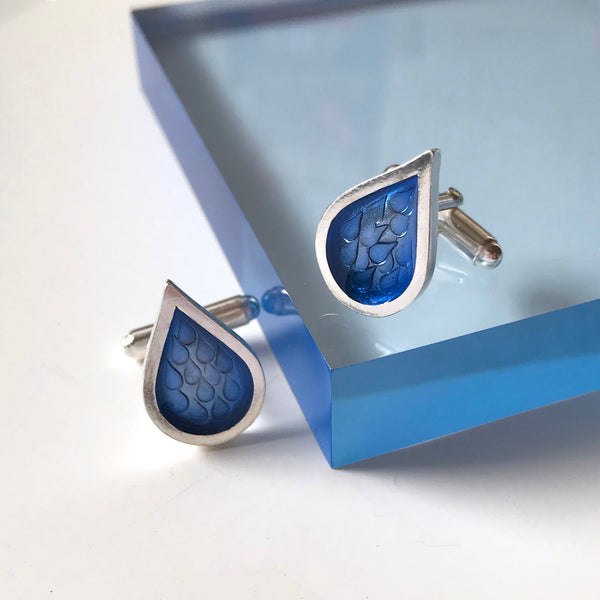 Silver Blue hand stamped Raindrop t-bar cufflinks by Kate Wimbush jewellery