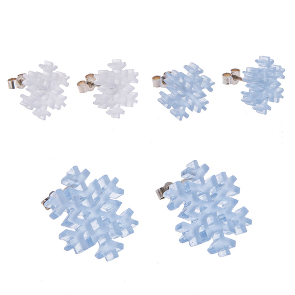 Large and Small Frosted Perspex Snowflake Stud Earrings with silver posts and backs on white background by Kate Wimbush Jewellery
