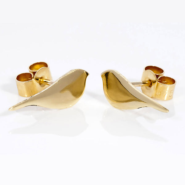 9ct Gold Bird Stud Earrings with butterfly backs on white background by Kate Wimbush Jewellery