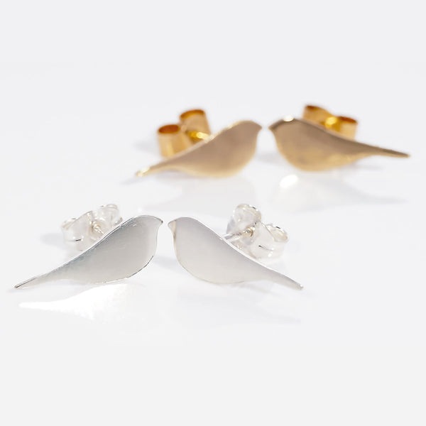 Gold and Silver Bird Studs on white background by Kate Wimbush Jewellery