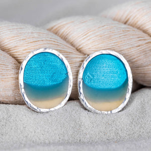 Large Blue Resin Beach Scene Silver Stud Earrings with Textured bezel and butterfly backs, by Kate Wimbush Jewellery
