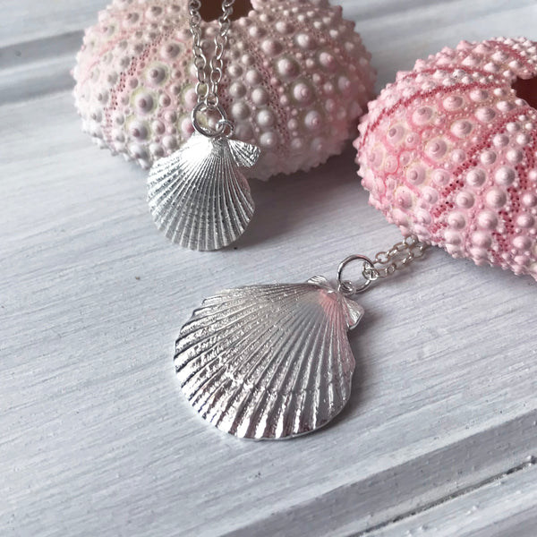 Large and Small Silver Clam Shell Pendants on trace chain by Kate Wimbush Jewellery