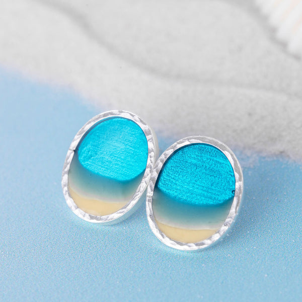 Medium Lagoon Blue Resin Beach Studs with textured silver bezel and butterfly backs, by Kate Wimbush Jewellery