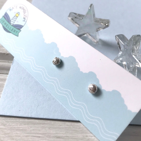 Recycled silver blob stud earrings with butterfly backs on earring card by Kate Wimbush Jewellery