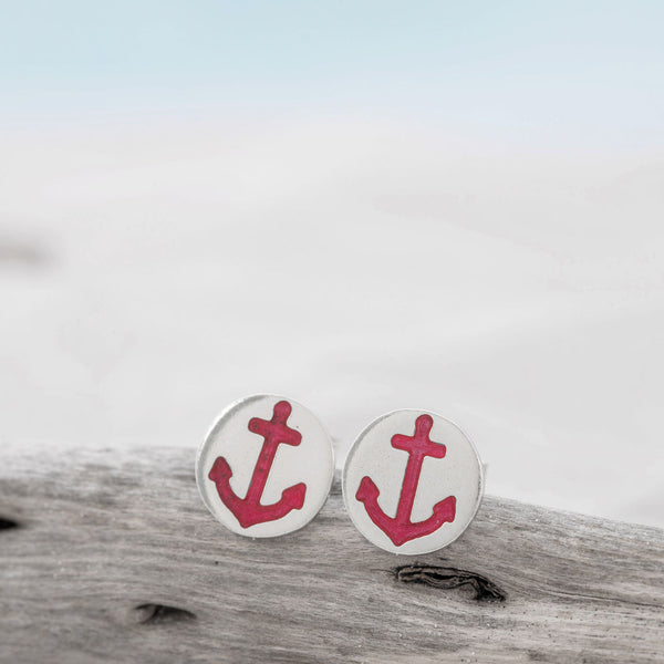 Round silver studs with red anchors and butterfly backs, by Kate Wimbush Jewellery