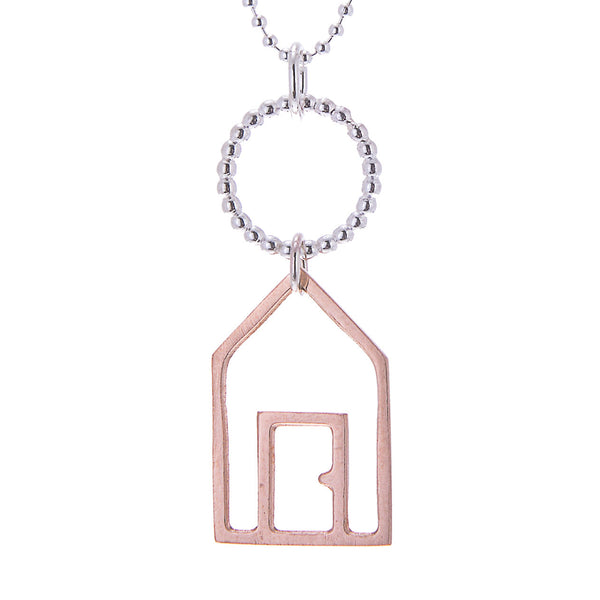 9ct Rose Gold Beach Hut Pendant on Silver Chain with white background, Kate Wimbush Jewellery