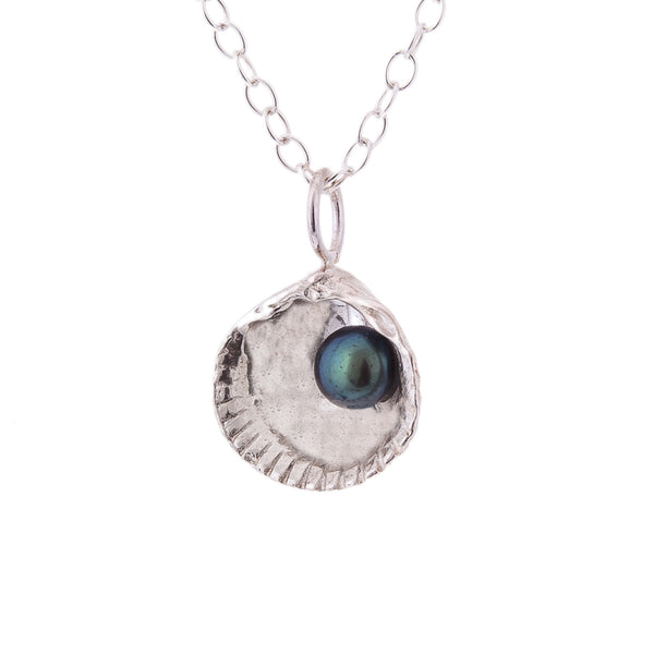 Silver cockle shell pendant with peacock pearl, by Kate Wimbush jewellery