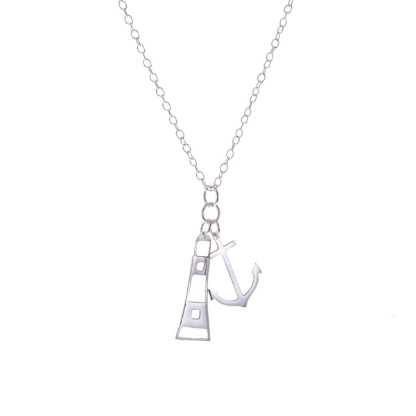 Silver Anchor and Lighthouse charm pendant on white background by Kate Wimbush Jewellery 