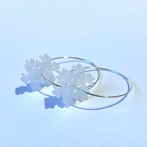 Silver Hoop Earrings with frosted perspex snowflakes, stocking filler, christmas gift, by Kate Wimbush Jewellery