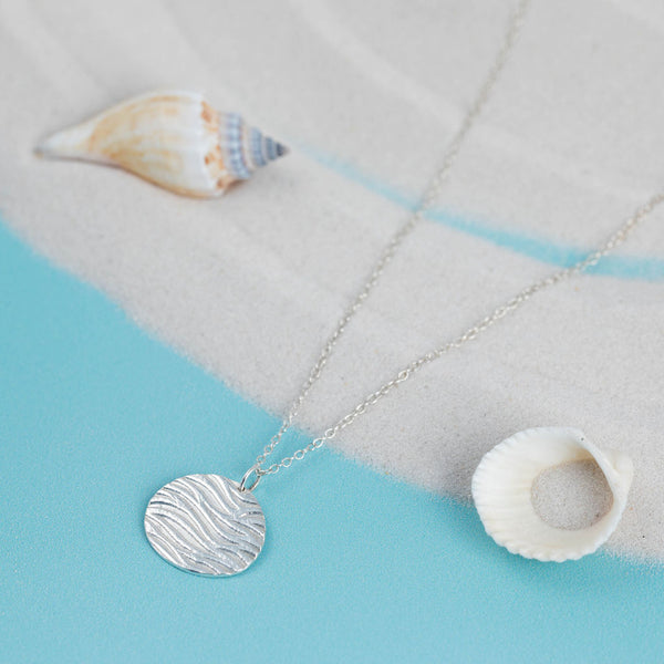 Silver Round Sea Ripple Texture Pendant Necklace Kate Wimbush Jewellery
