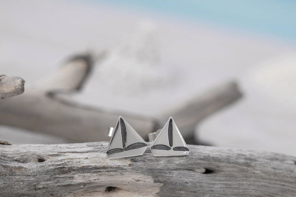 Silver Sail Boats studs with etched oxidised details and butterfly backs, by Kate Wimbush Jewellery