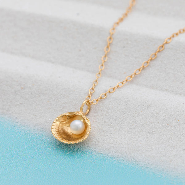 Small Gold Cockle Shell Seashell Pendant Necklace with freshwater pearl on chain by Kate Wimbush Jewellery