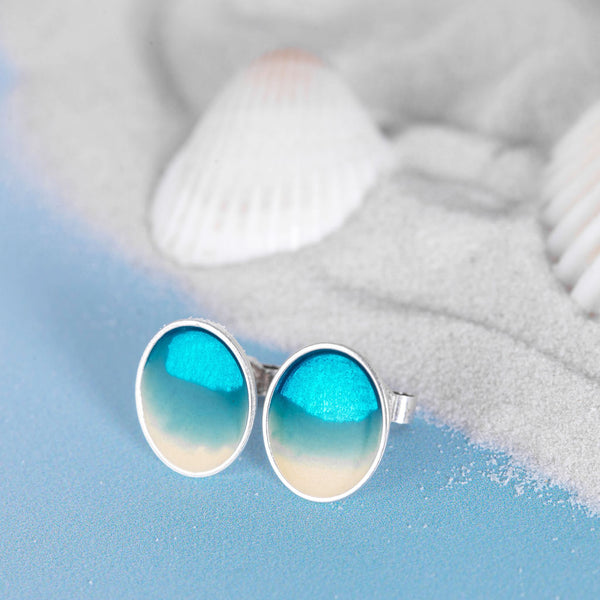 Small Oval Beach Scene Resin Lagoon Stud Earrings by Kate Wimbush Jewellery