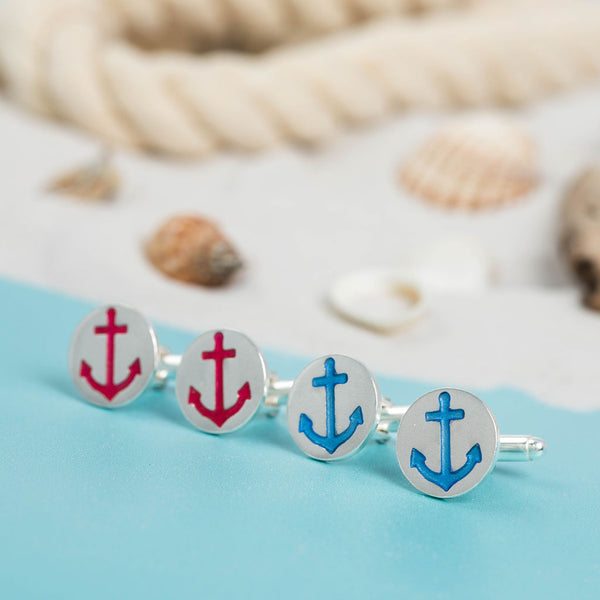 Red and Blue Anchor Cufflinks t-bar silver Kate Wimbush Jewellery