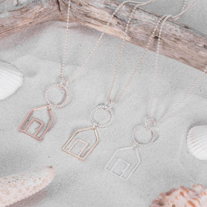 Silver, yellow and rose gold beach hut pendants on silver bobble chain, by Kate Wimbush jewellery