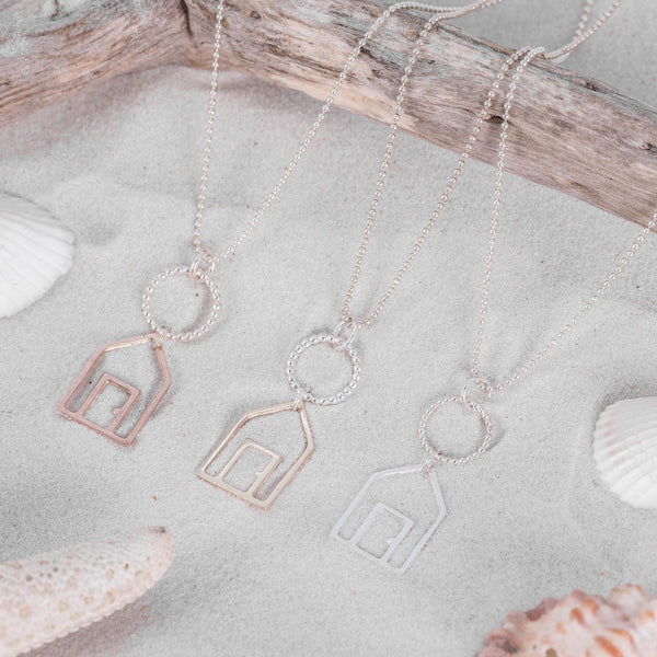 Silver, yellow and rose gold beach hut pendants on silver bobble chain, by Kate Wimbush jewellery
