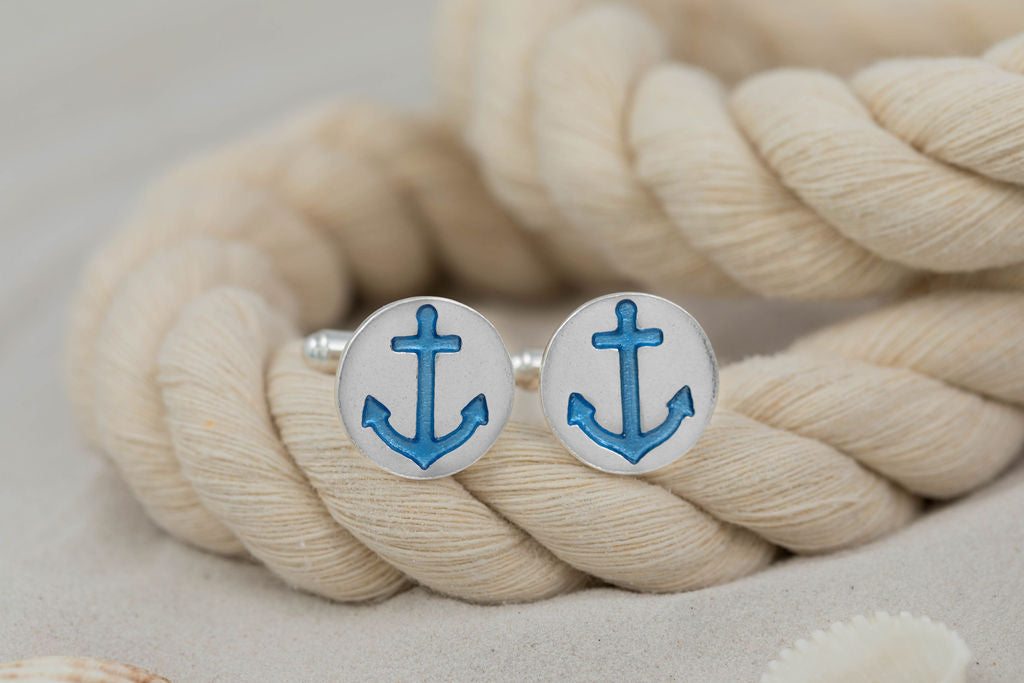 Round Silver Blue Anchor t-bar cufflinks Kate Wimbush Jewellery