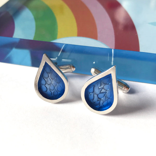 Silver Hand Stamped Raindrop t-bar Cufflinks with blue resin by Kate Wimbush Jewellery