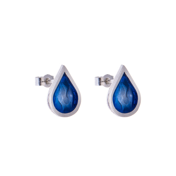 Blue Raindrop Teardrop Silver Stud Earrings blue resin on white background by Kate Wimbush Jewellery