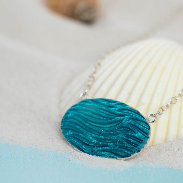 Ocean Blue Sea Ripple Texture Silver Oval Pendant Necklace Kate Wimbush Jewellery