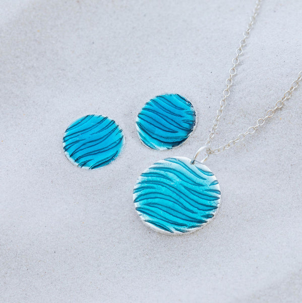 Blue Round Ripple Pendant and matching round ripple stud earrings by Kate Wimbush Jewellery