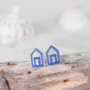 Blue Silver Beach Hut Stud Earrings with butterfly backs, by Kate Wimbush Jewellery