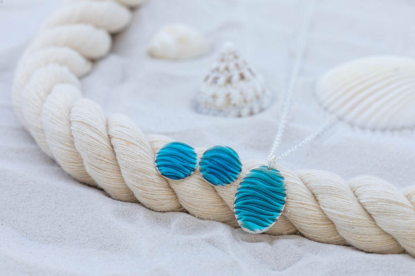 Round Blue Silver Ripple Studs and Blue oval Ripple Silver pendant gift set by Kate Wimbush Jewellery
