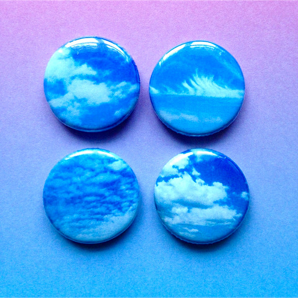 Small round blue sky cloud button pin badges kate wimbush jewellery
