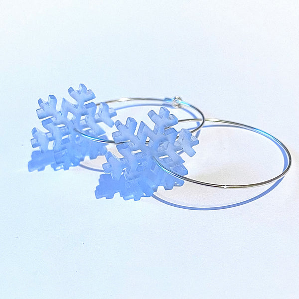 Silver Hoop Earrings with Blue Frosted Snowflakes, Christmas gift, by Kate Wimbush Jewellery
