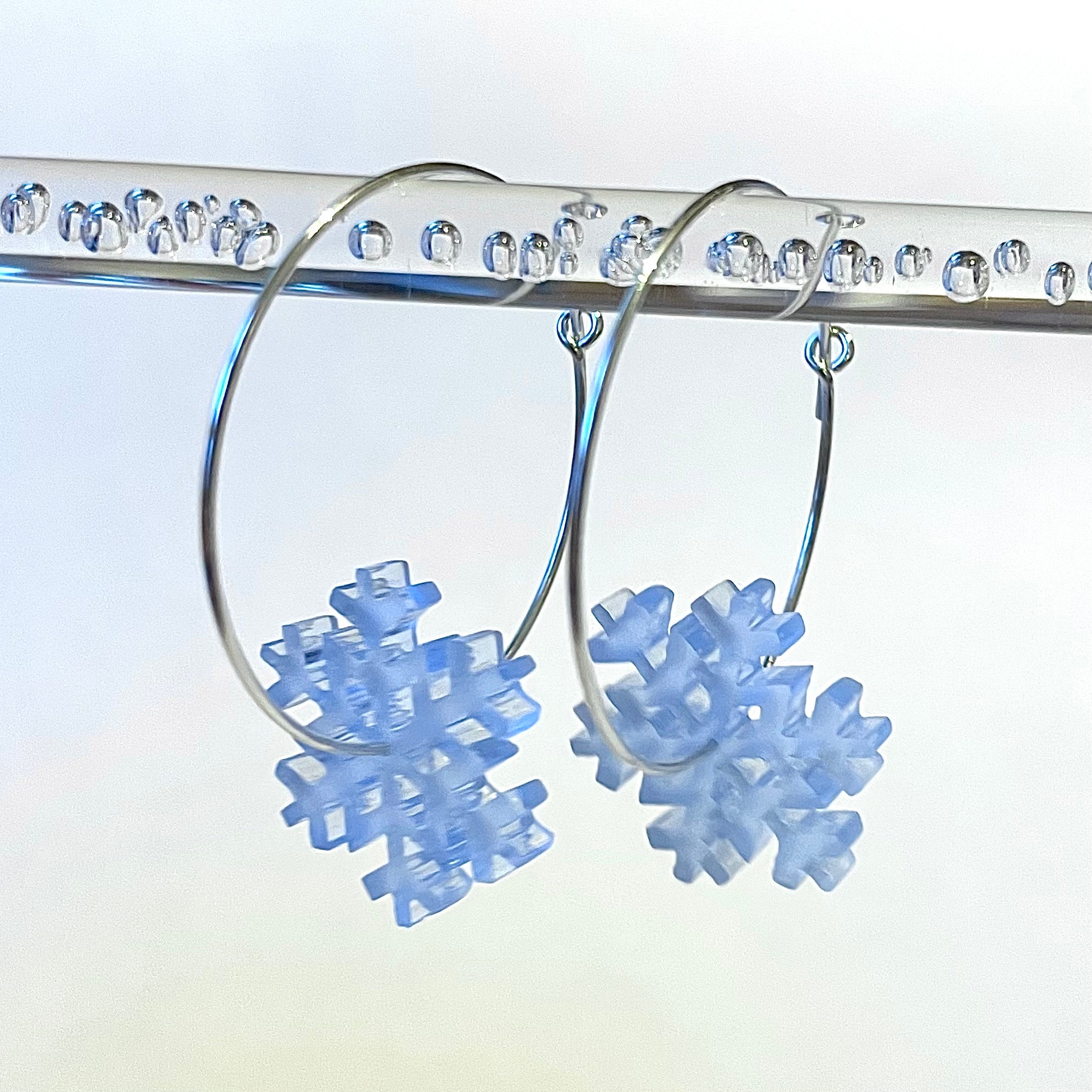 Silver Hoop Earrings with blue frosted snowflakes, by Kate Wimbush Jewellery