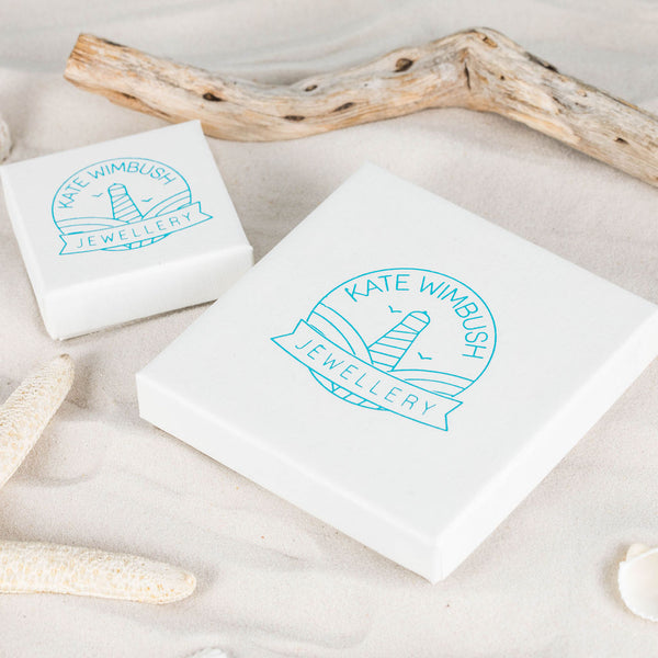 Blue and White Kate Wimbush jewellery lighthouse logo branded Boxes
