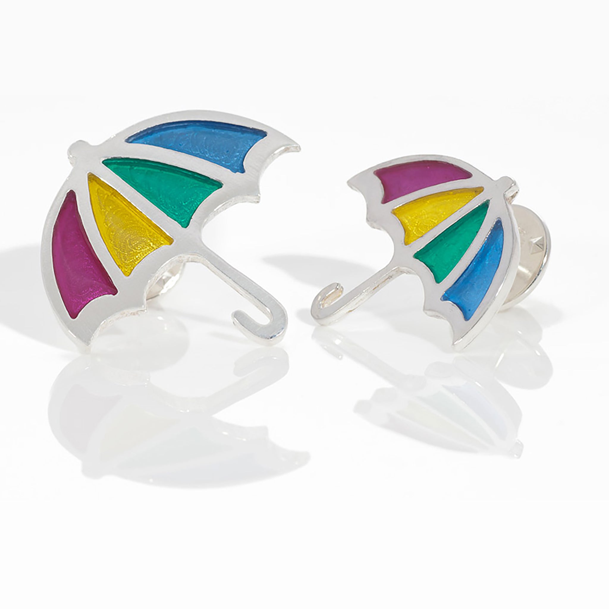 Silver Rainbow Umbrella Brooches on white background by Kate Wimbush Jewellery