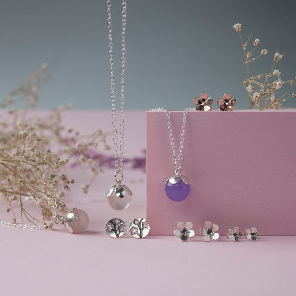 Pink cherry blossom flower jewellery collection, flower studs and pendant, Kate Wimbush Jewellery 