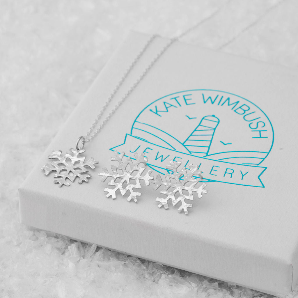 Silver Textured Snowflake Studs and Pendant Set gift box, Kate Wimbush Jewellery