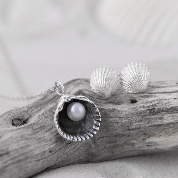 Silver Cockle Shell Pendant and Stud Earrings gift set, Kate Wimbush Jewellery