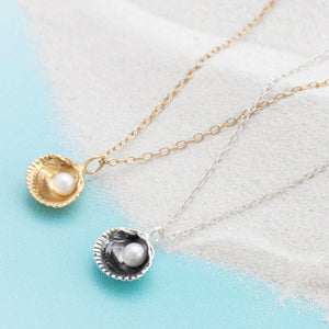 Silver and Gold cockle shell pendants with freshwater pearls, Kate Wimbush Jewellery