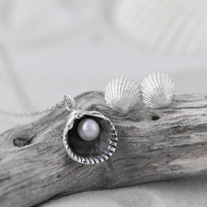 Small Oxidised Cockle Shell and Studs Gift Set on driftwood by Kate Wimbush Jewellery