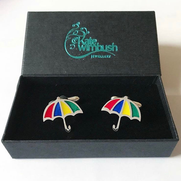 Custom colour silver umbrella t-bar cufflinks for commission by Kate Wimbush Jewellery