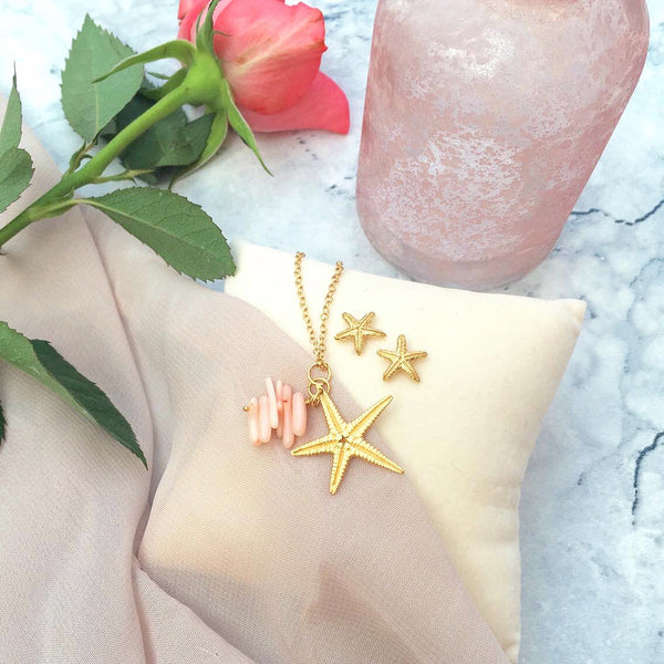 Gold Starfish wedding gift set, earrings and pendant by Kate Wimbush Jewellery