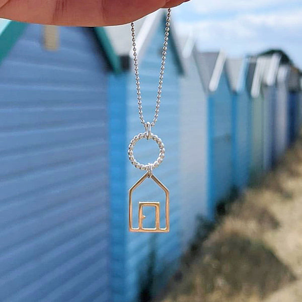 Gold Beach Hut Pendant at Mudeford Beach Huts, Bournemouth, Kate Wimbush Jewellery
