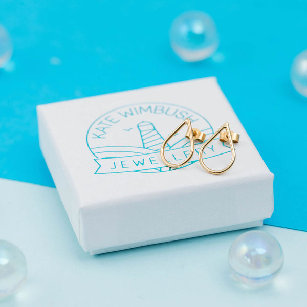 Gold Raindrop Teardrop Stud Earrings Kate Wimbush Jewellery box