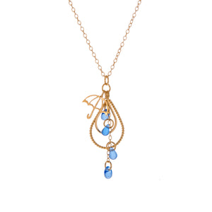 Gold Plated Raindrop Umbrella Charm Pendant with blue glass bead raindrops, by Kate Wimbush Jewellery