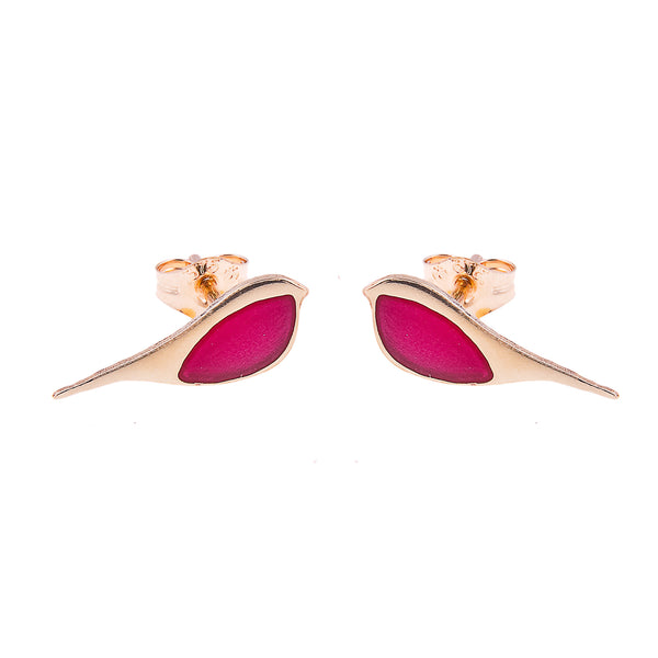 Gold robin stud earrings with red resin belly, Kate Wimbush Jewellery