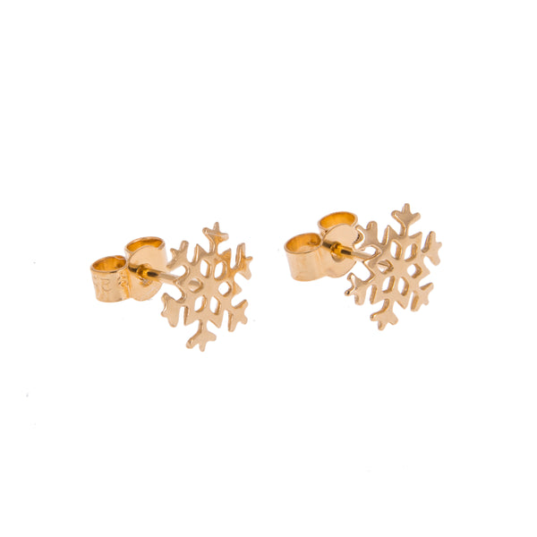 9ct gold small silver snowflake stud earrings on white background by Kate Wimbush Jewellery