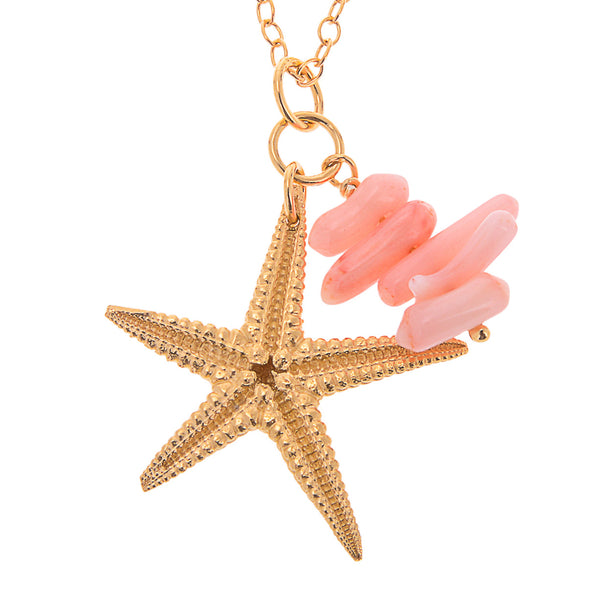Gold Starfish and Pink coral charm pendant on white background by Kate Wimbush Jewellery