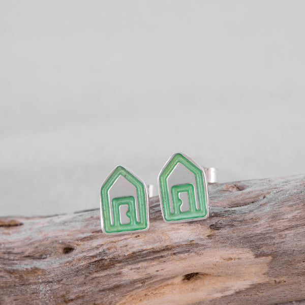 Green silver beach hut stud earrings with butterfly backs, by Kate Wimbush Jewellery