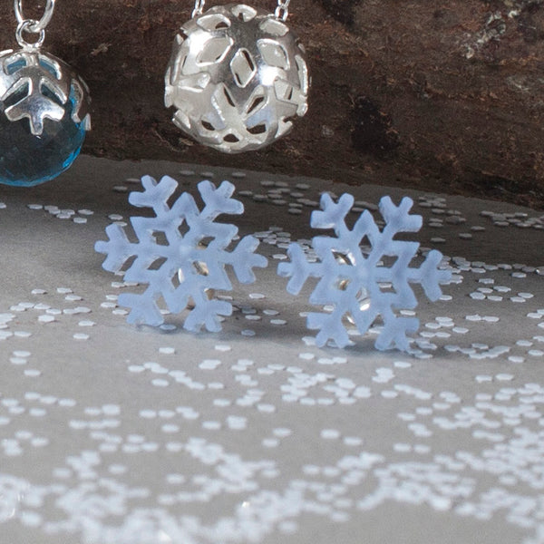 Large Blue Snowflake stud earrings with silver posts and backs by Kate Wimbush Jewellery