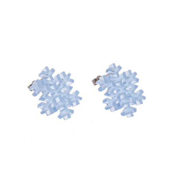 Large Frosted Blue Perspex Snowflake Stud Earrings with silver posts and backs on white background by Kate Wimbush Jewellery