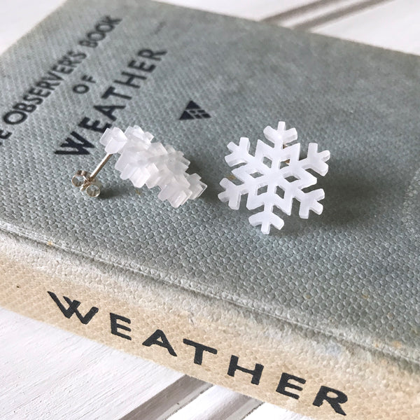 Large Frosted Perspex Snowflake studs with silver posts and backs by Kate Wimbush jewellery