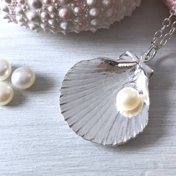 Large Silver Clam Shell Pearl Pendant necklace Kate Wimbush